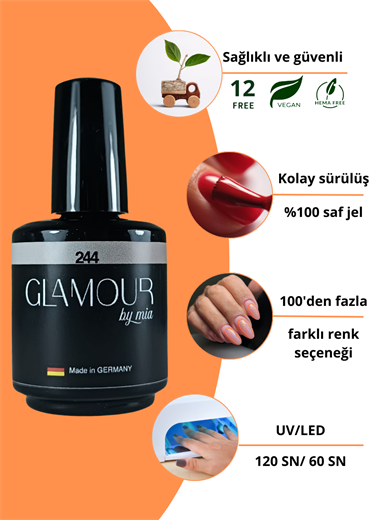 Glamour by Mia 244 Simli Gri Kalıcı Oje 15 ml – HEMA Free – TPO Free