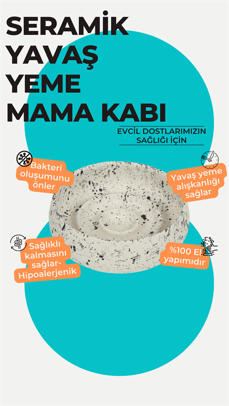 Beige and Stone Slow Feed Yavaş Yeme Seramik Mama Kasesi Köpek Kedi(L) -  Benekli