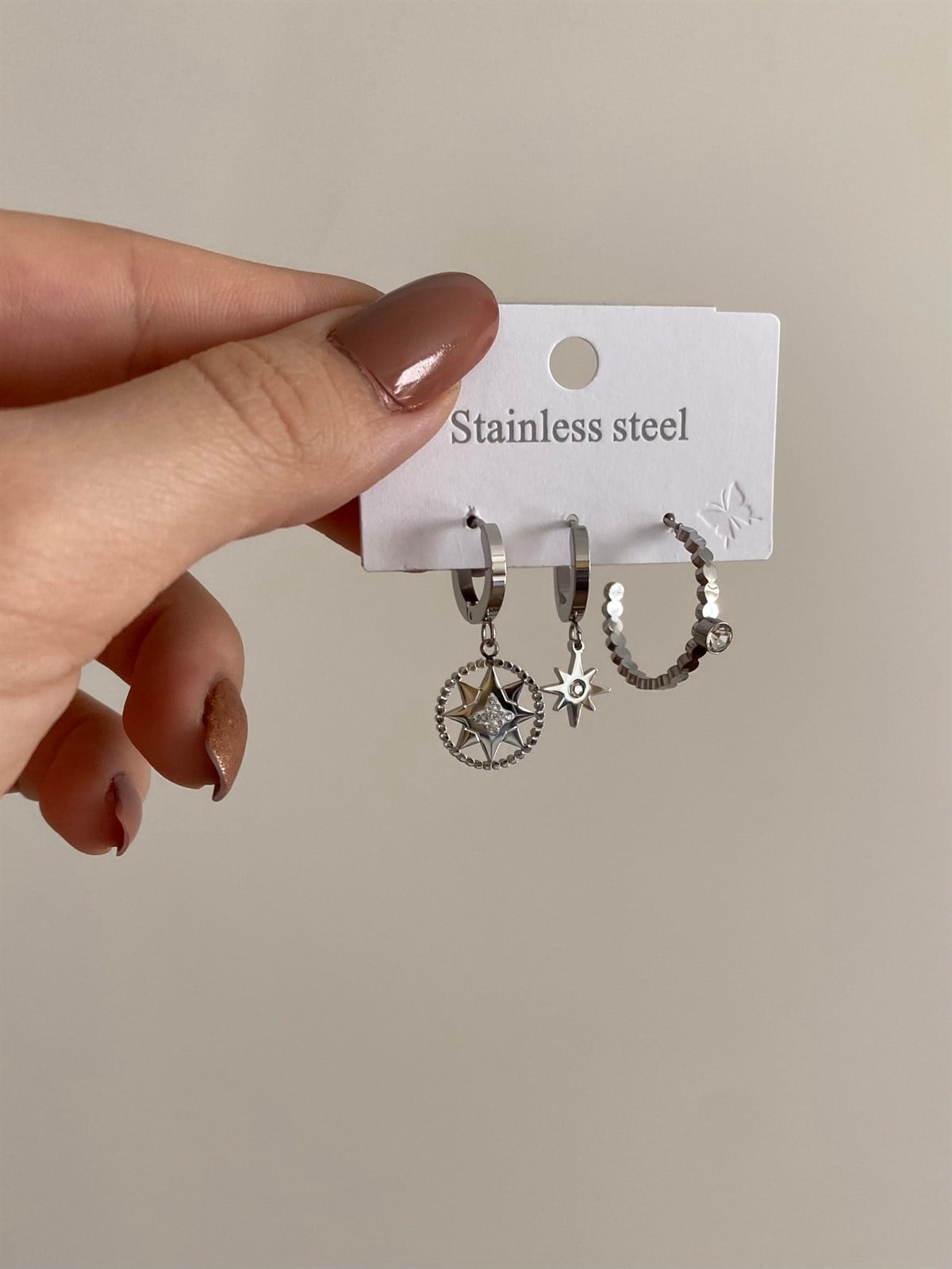 Üçlü Kutup Yıldızı Halka Küpe Seti Silver