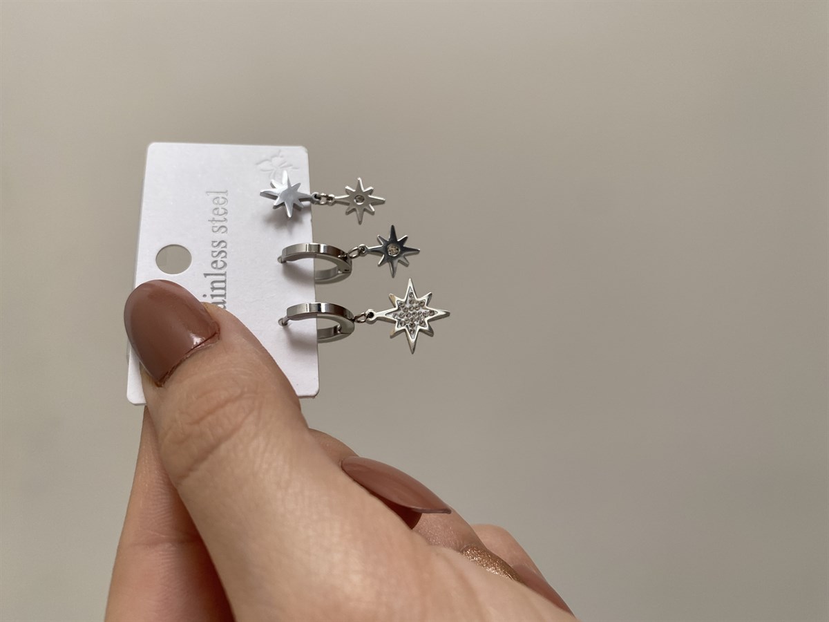 Üçlü Kutup Yıldızı Küpe Seti Silver