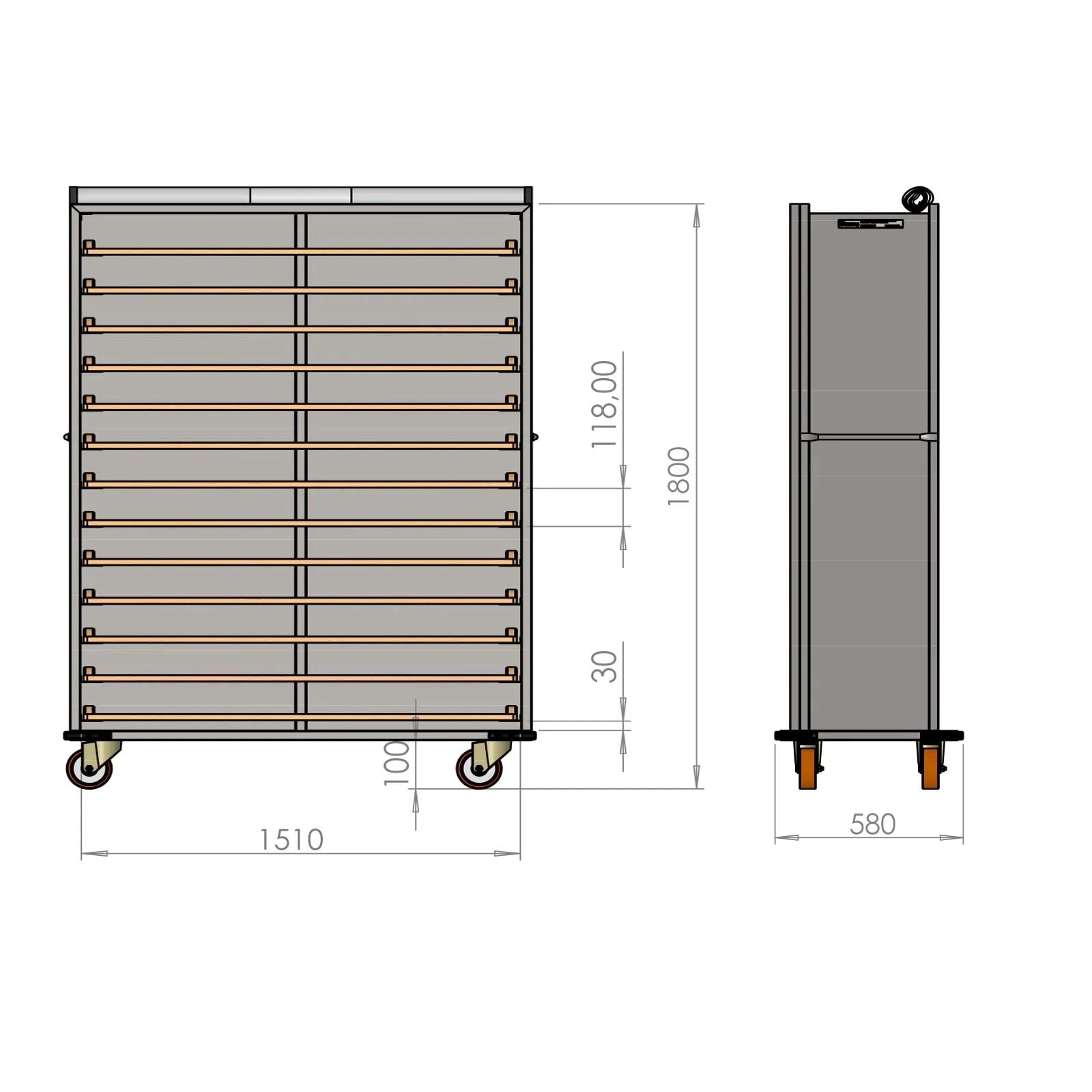 40x150 cm Covered Oven Loader Trolley with 13 Shelves for Wooden