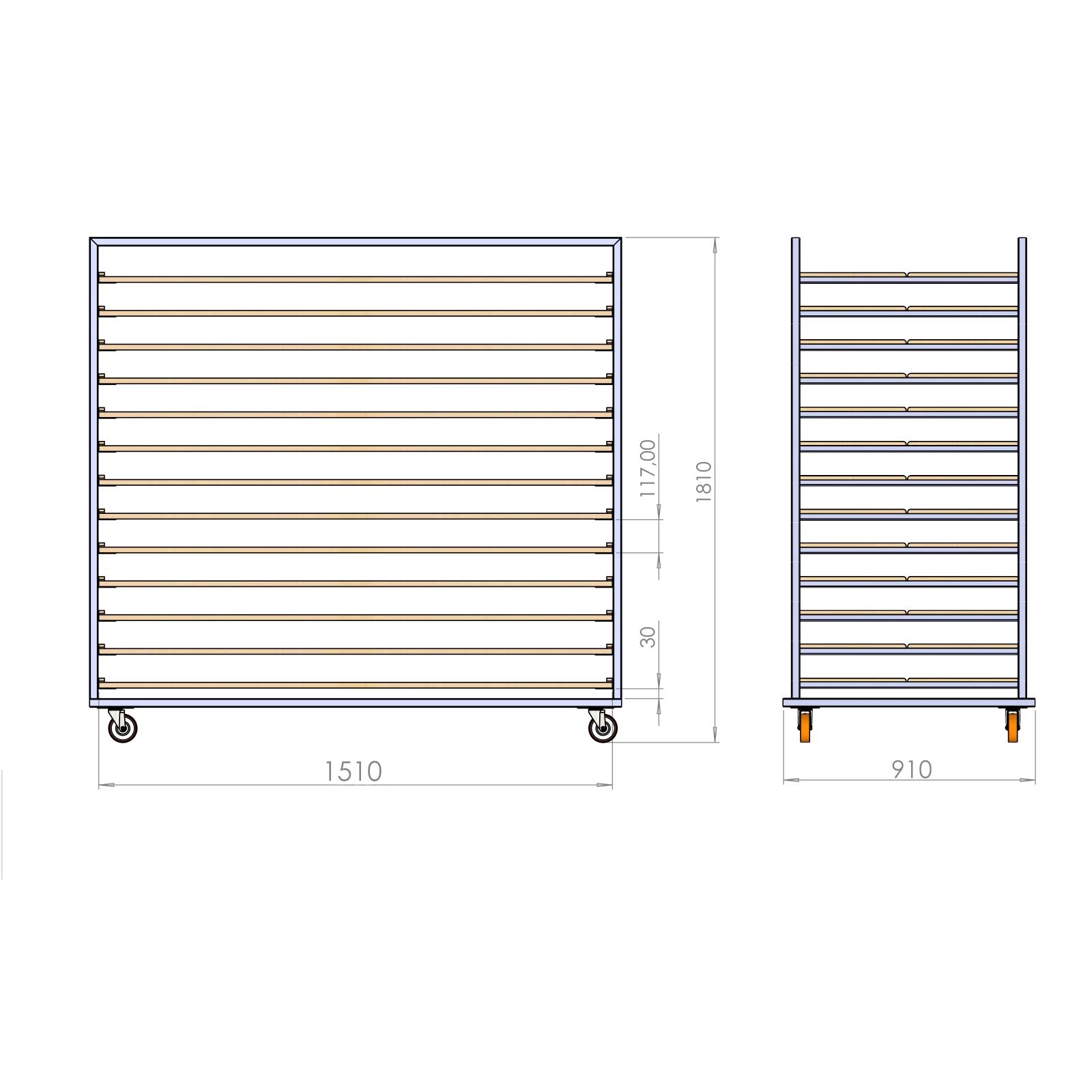 80x150 cm Moulds Trolley with 13 Shelves for Wooden(inox)