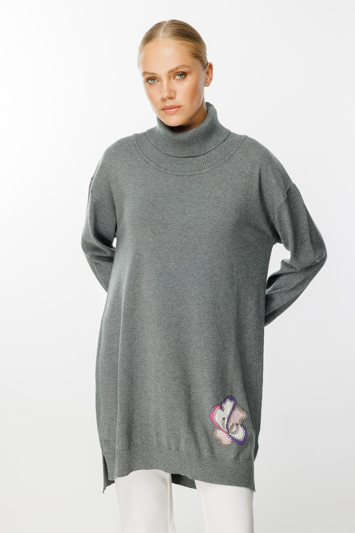 Ghisa Degaje Yaka Triko Tunik - Gri