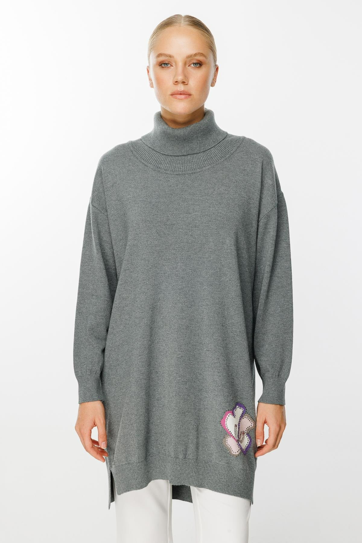 Ghisa Degaje Yaka Triko Tunik - Gri