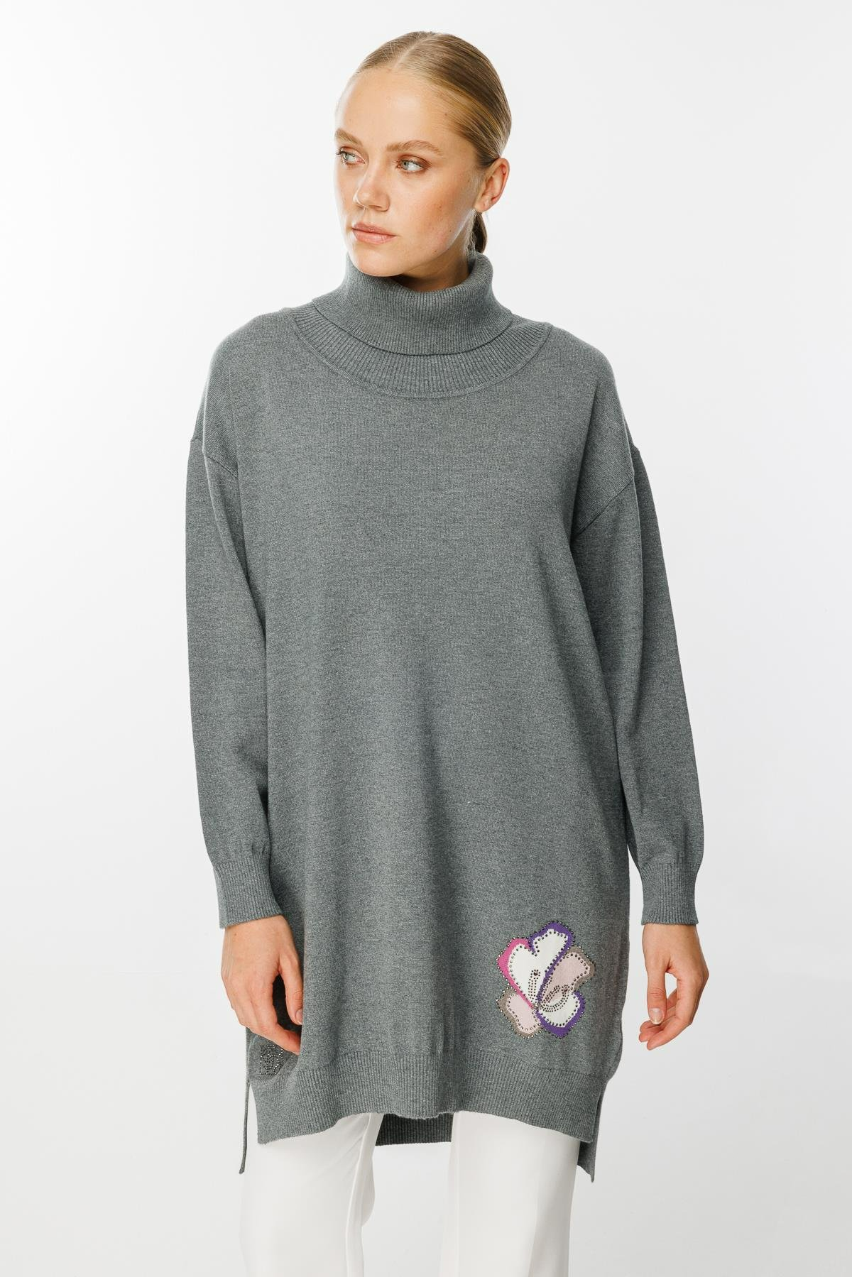 Ghisa Degaje Yaka Triko Tunik - Gri
