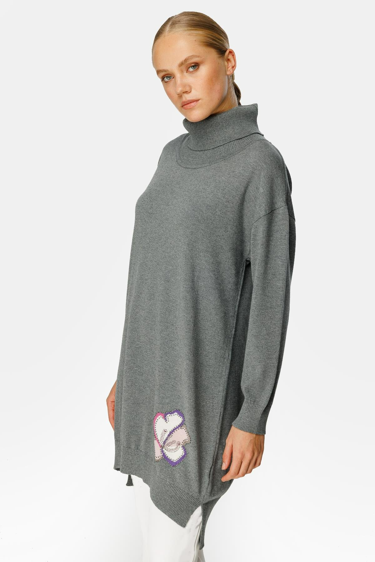 Ghisa Degaje Yaka Triko Tunik - Gri