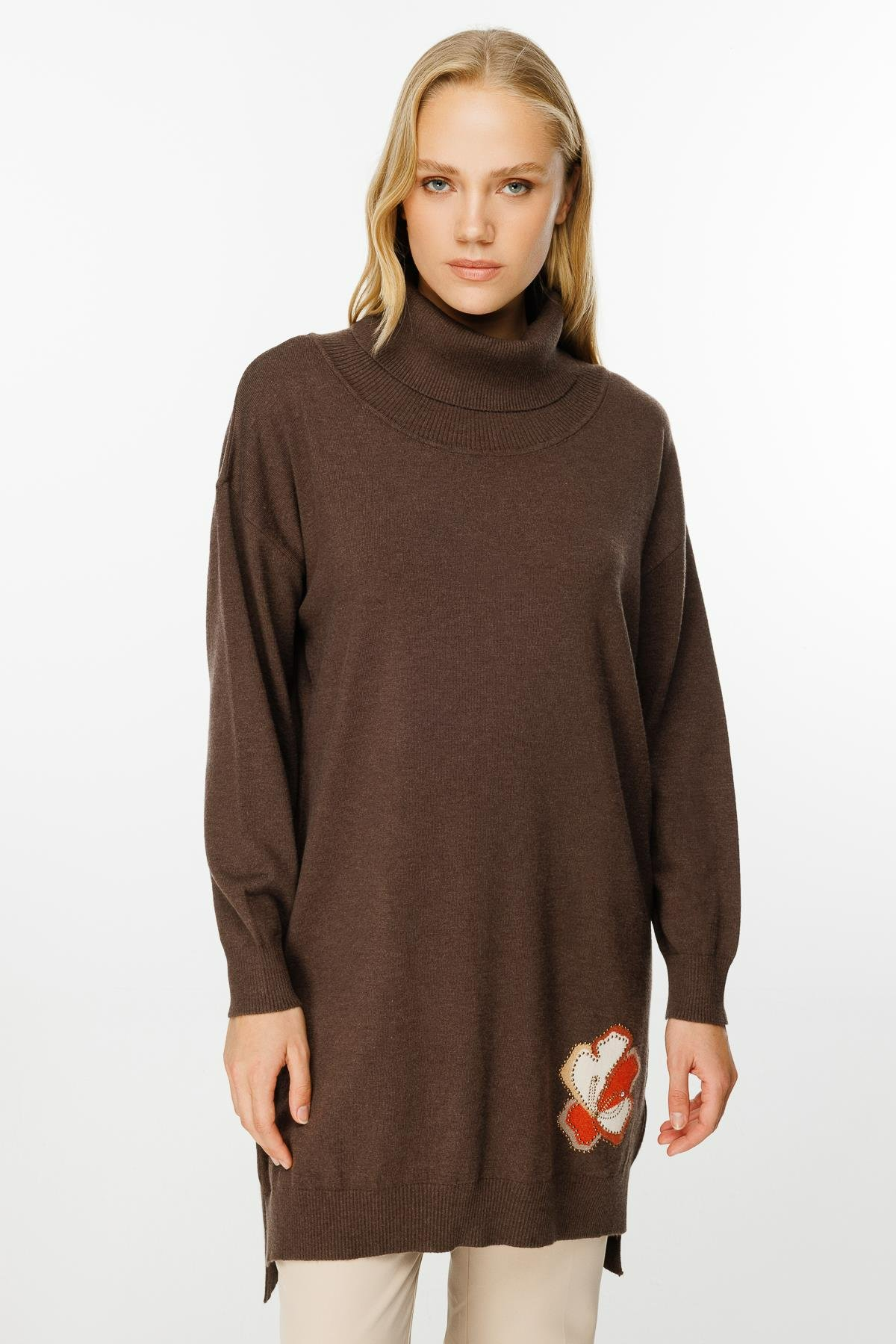 Ghisa Degaje Yaka Triko Tunik - Kahve