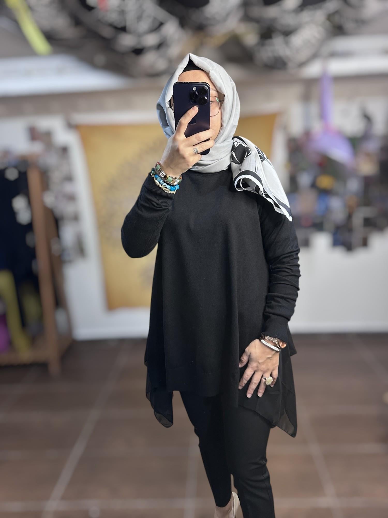 Ghisa Şifon Detaylı Triko Tunik - Siyah