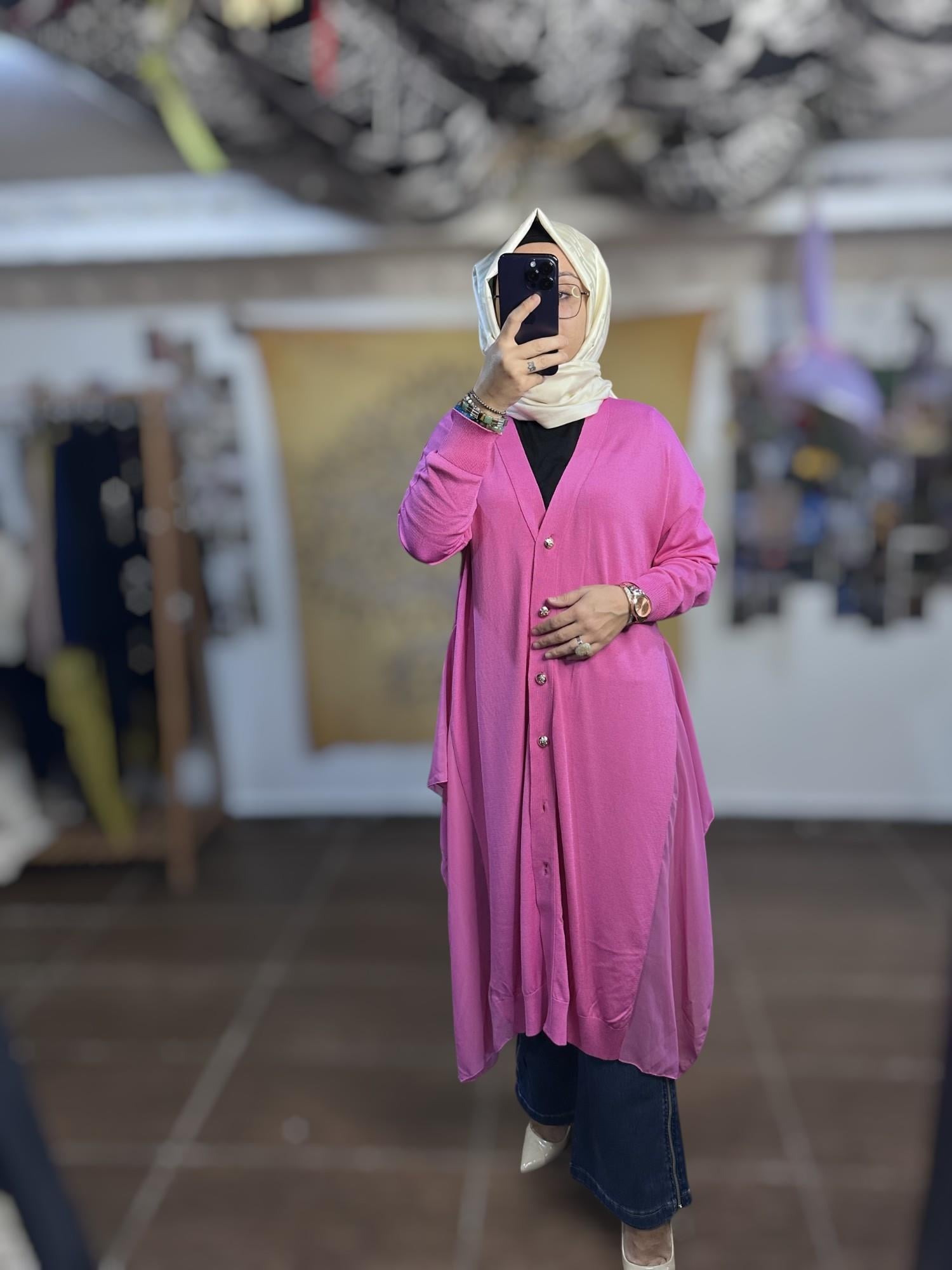 Ghisa Şifonlu Triko Hırka - Pembe