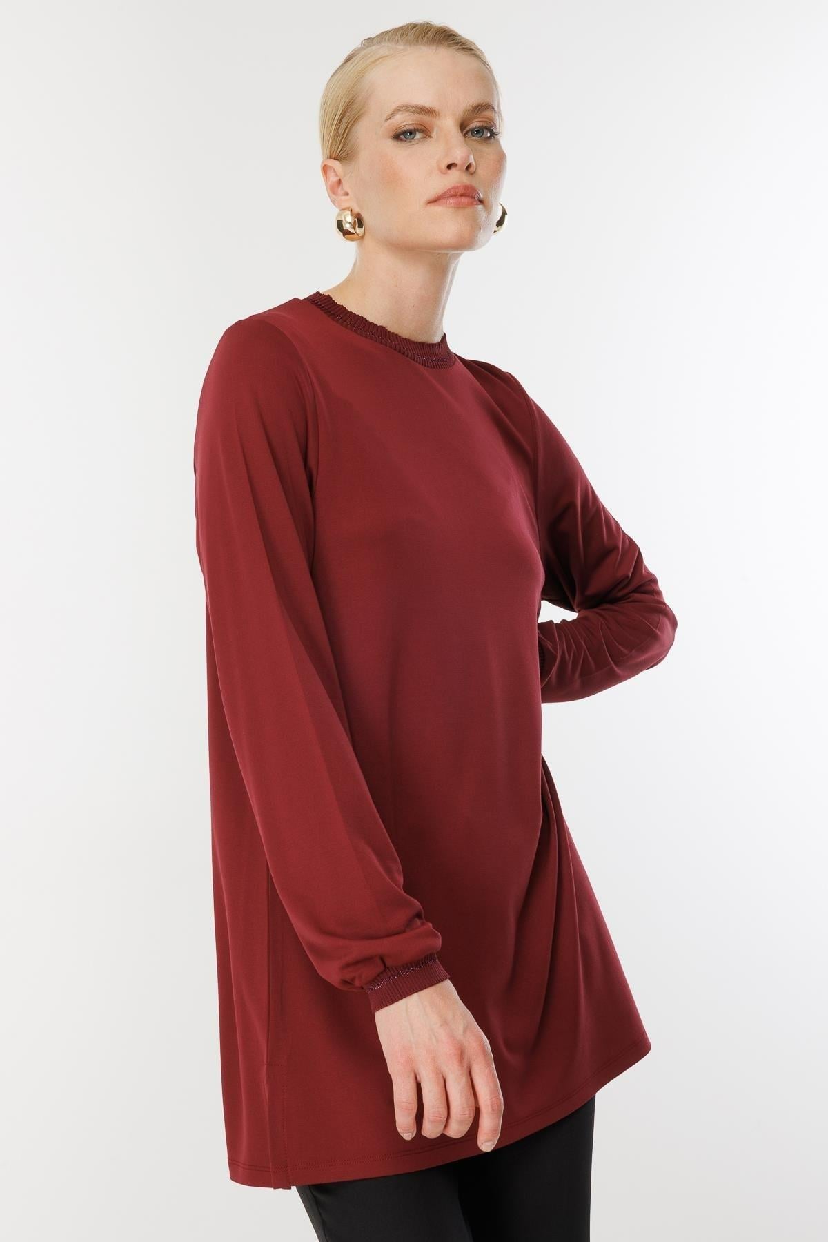 GSBASİC4829/Ghisa Uzun Kol Simli Tunik - bordo