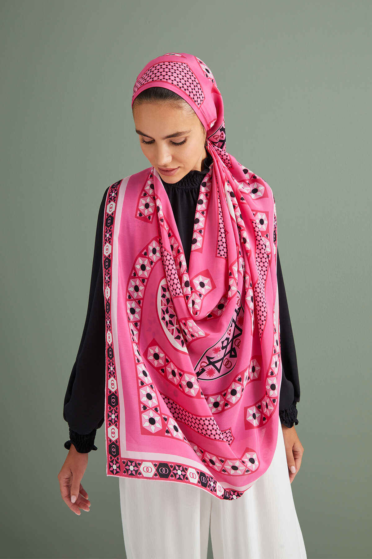 İmannoor Labirent Pembe Krep İpek Şal 80x210