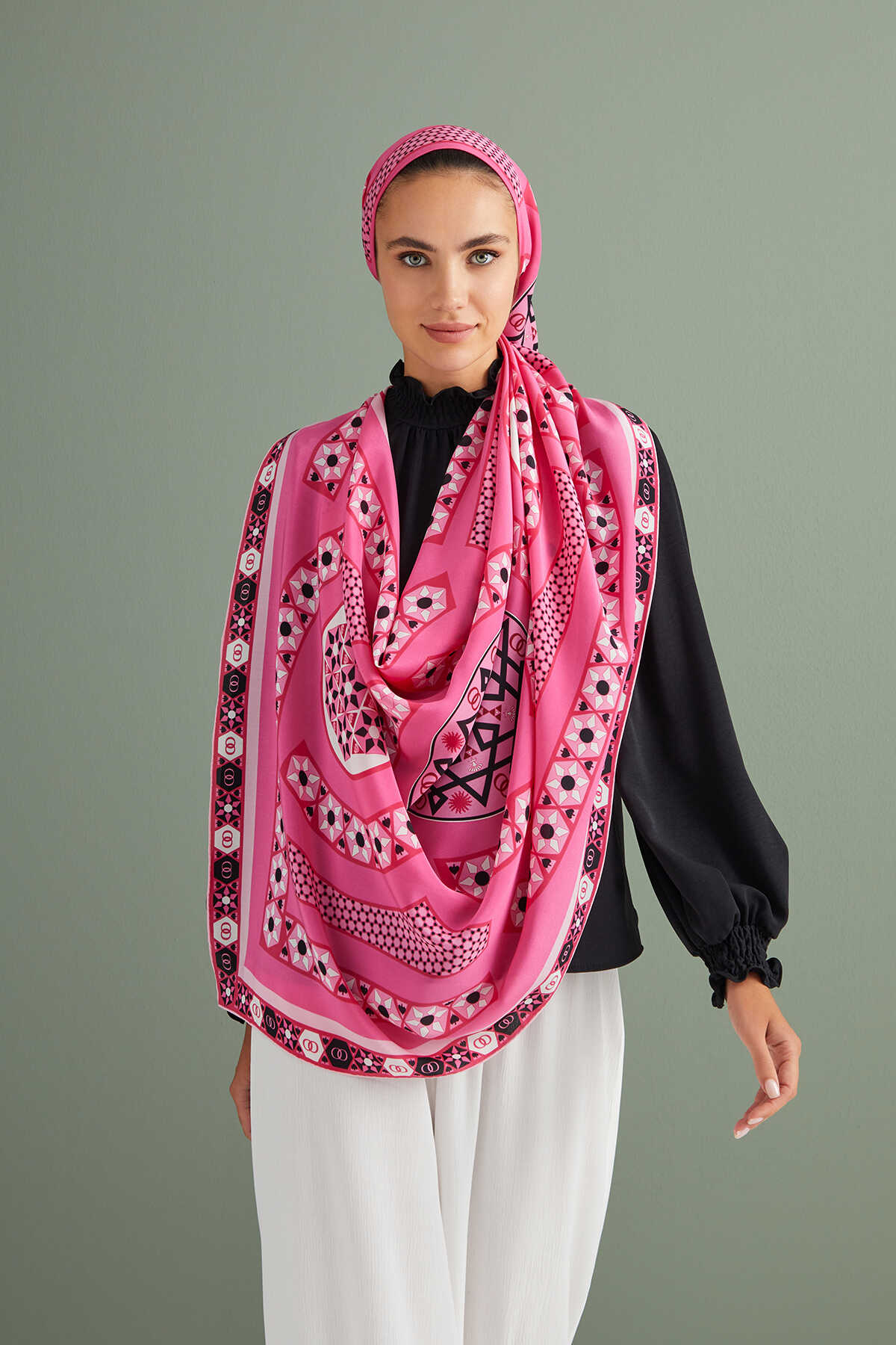 İmannoor Labirent Pembe Krep İpek Şal 80x210