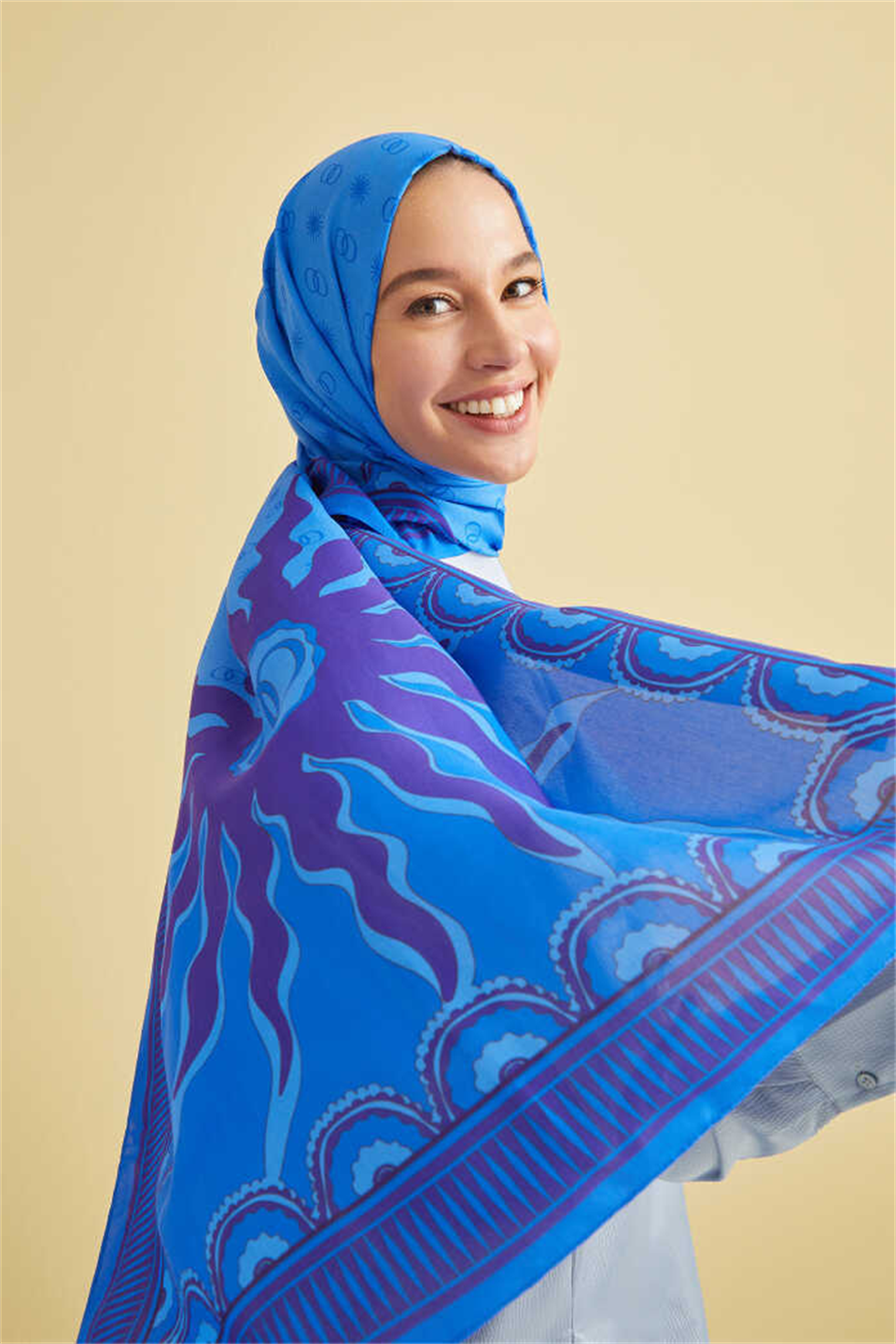 İmannoor Yıldız Saks Mavi Floş Viskon Şal 70x210