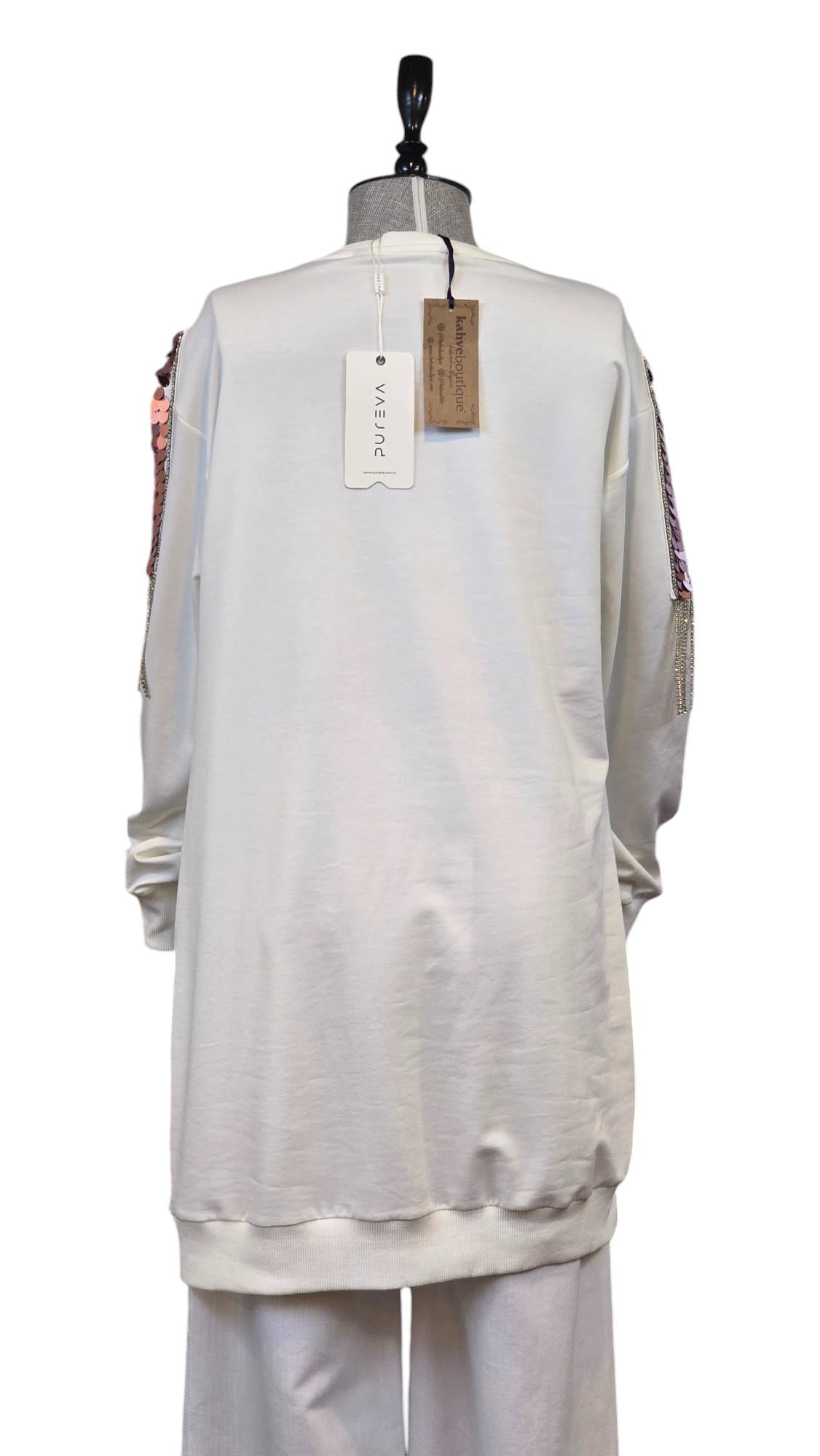 İPEKSİ İKİ İPLİK SWEATSHIRT KOLU PUL VE ZİNCİR İŞLEMELİ - EKRU
