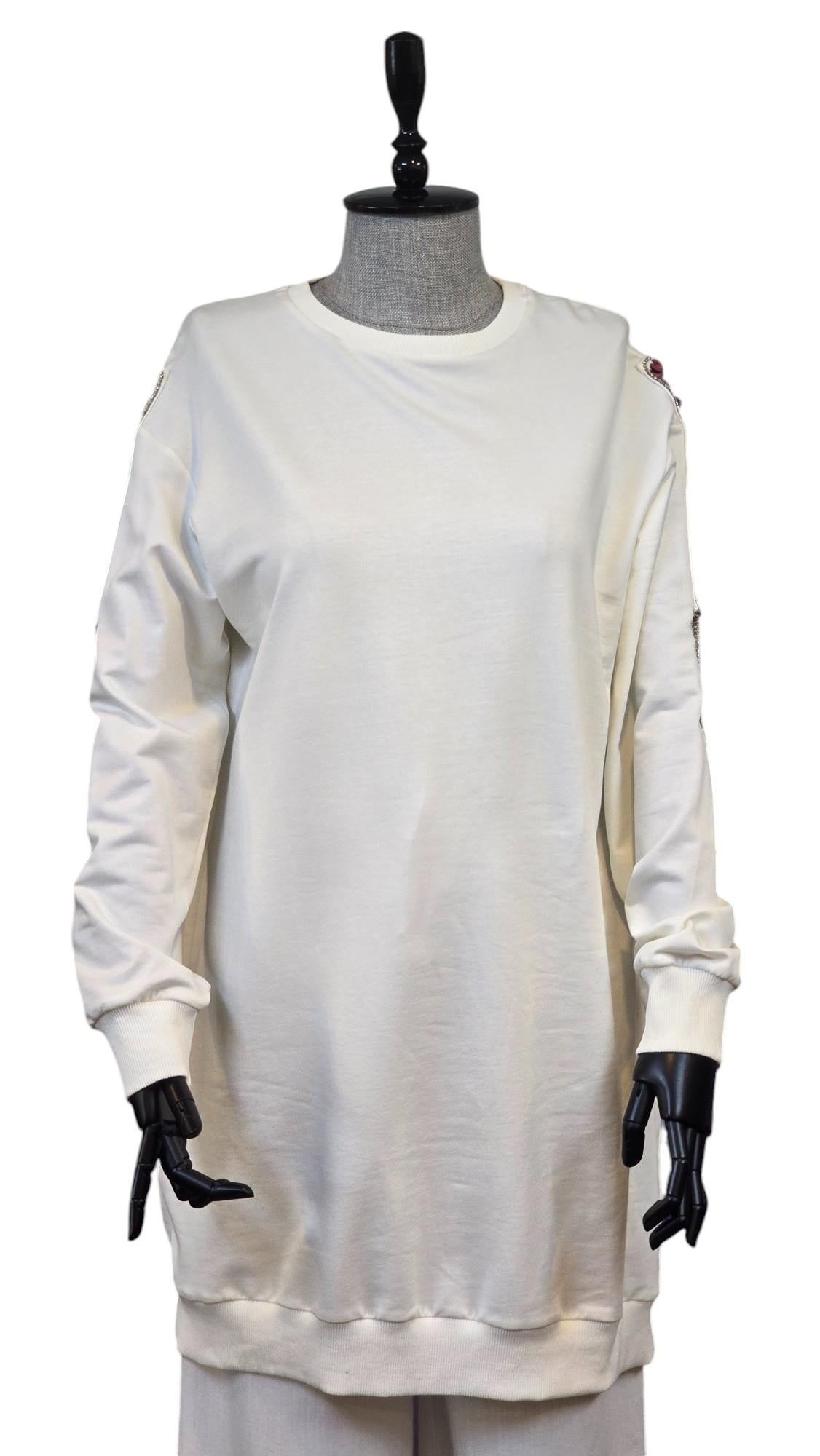İPEKSİ İKİ İPLİK SWEATSHIRT KOLU PUL VE ZİNCİR İŞLEMELİ - EKRU