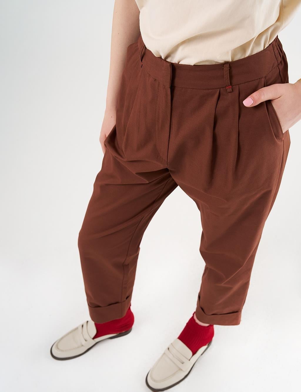 KA-B25-19008 DOUBLE PAÇA PAMUK PANTOLON - KAHVE