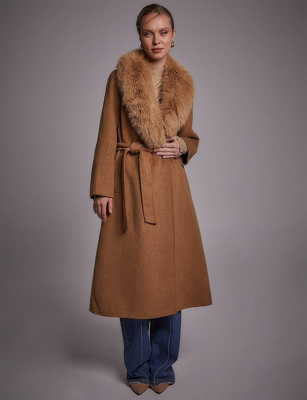 KAYRA KA-A23-17025 Premium Yün Suni Kürklü Kaban - CAMEL