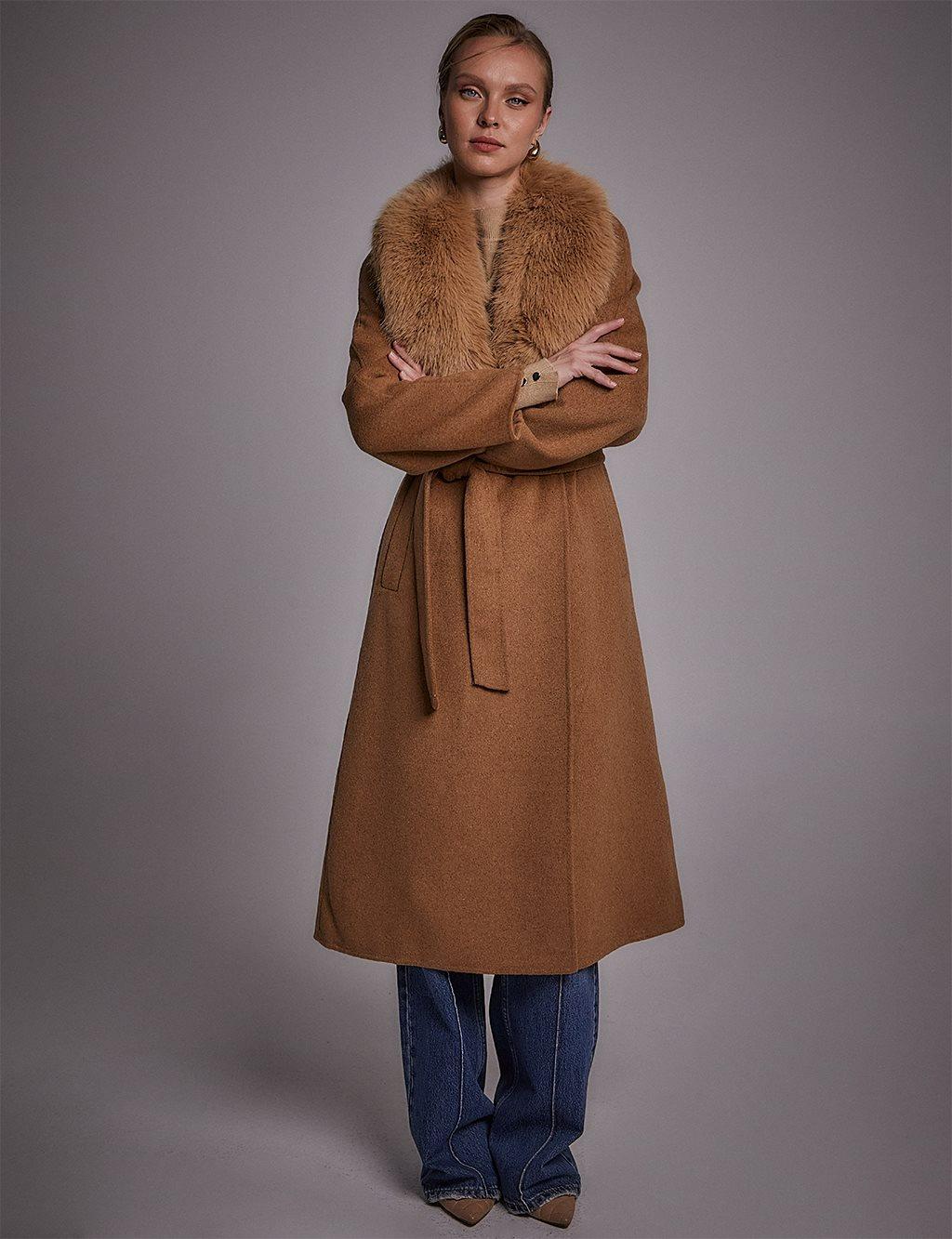 KAYRA KA-A23-17025 Premium Yün Suni Kürklü Kaban - CAMEL