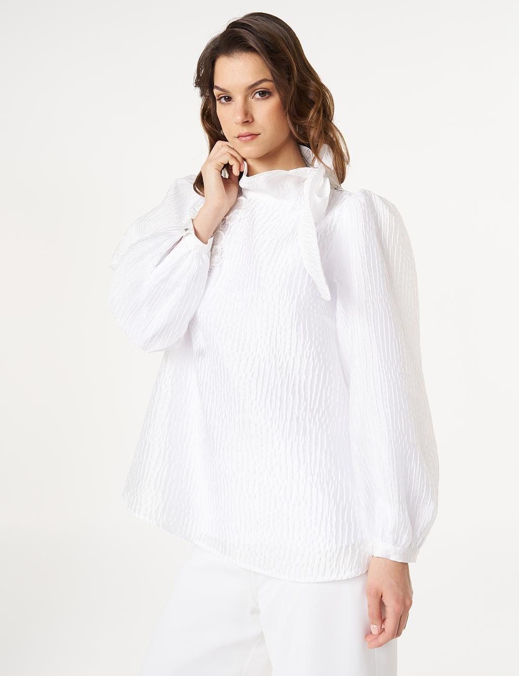 Kayra KA-B25-10004 Şal Yaka Jakarlı Bluz - Beyaz