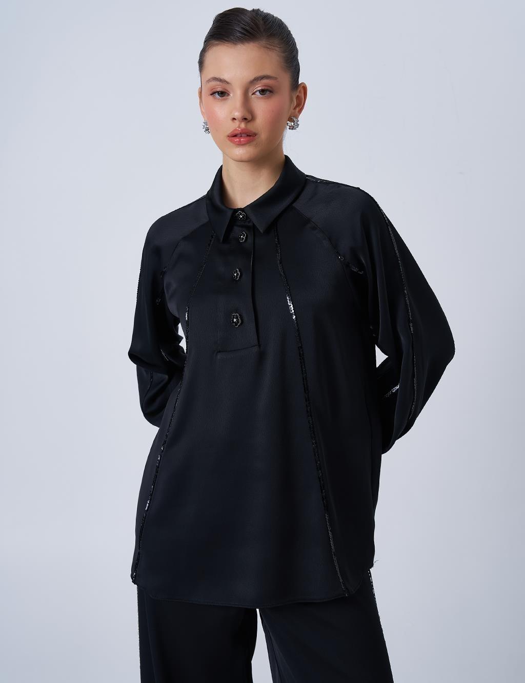 Kayra KA-B25-10010 Parlak Düğmeli Saten Bluz - Siyah