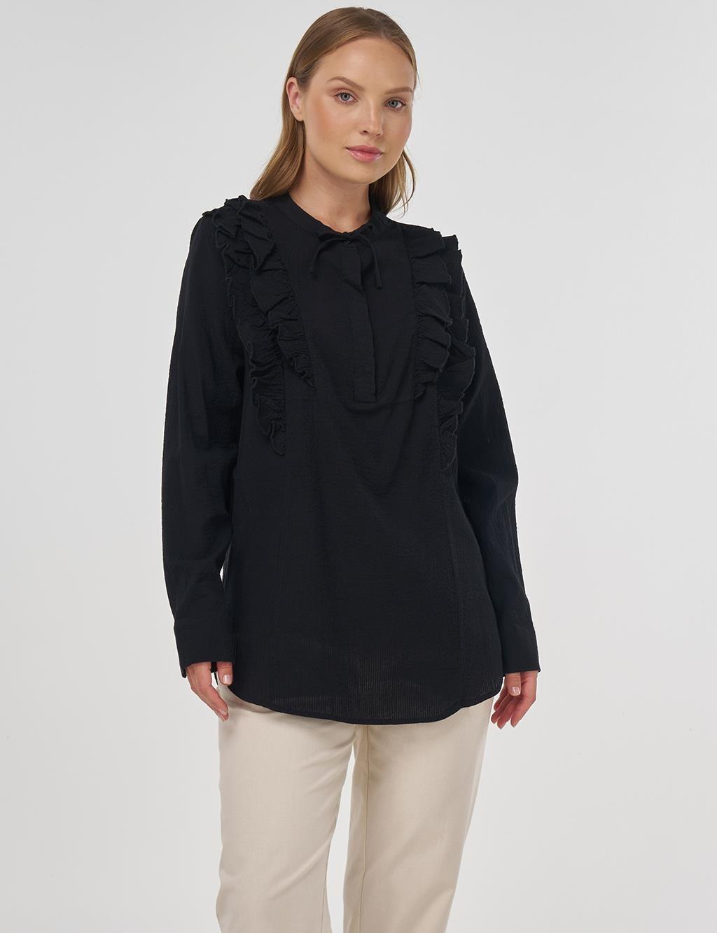 KAYRA KA-B25-10022 Fırfır Detaylı Pamuklu Tunik - Siyah
