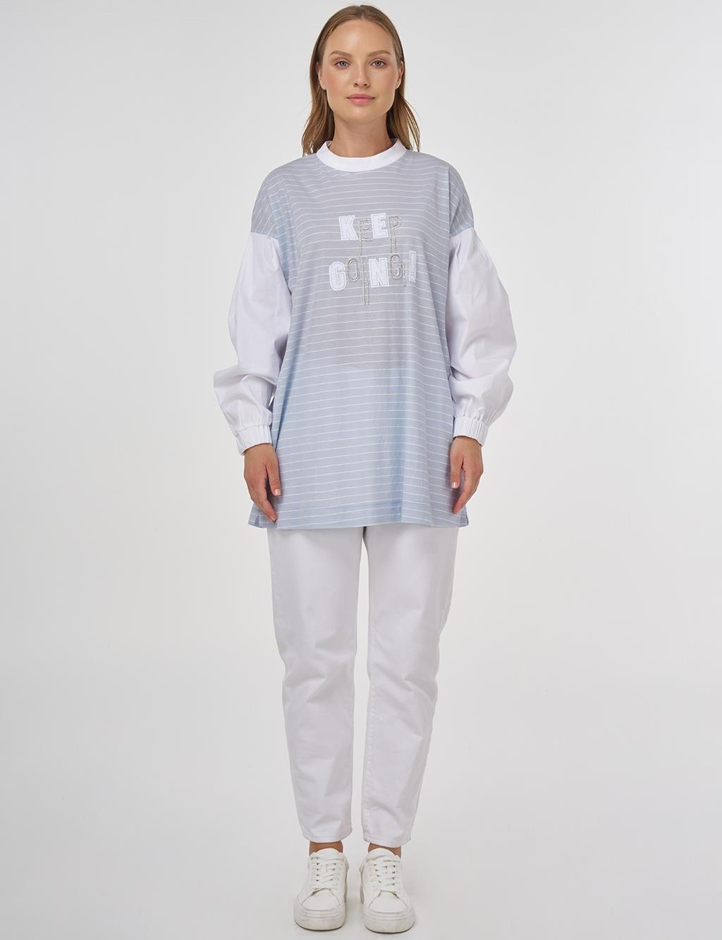 KAYRA KA-B25-11014 Sloganlı Çizgi Desen Tunik - Açık Mavi