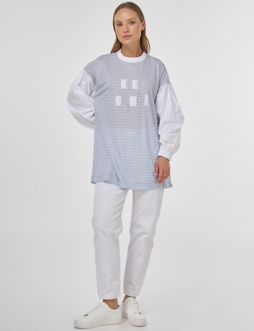 KAYRA KA-B25-11014 Sloganlı Çizgi Desen Tunik - Açık Mavi