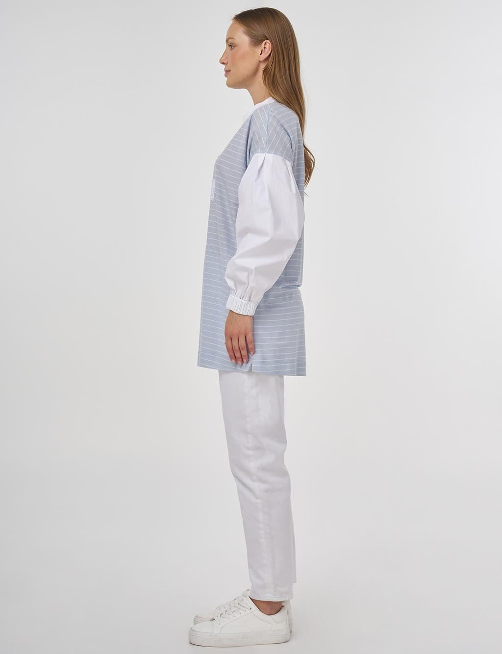 KAYRA KA-B25-11014 Sloganlı Çizgi Desen Tunik - Açık Mavi