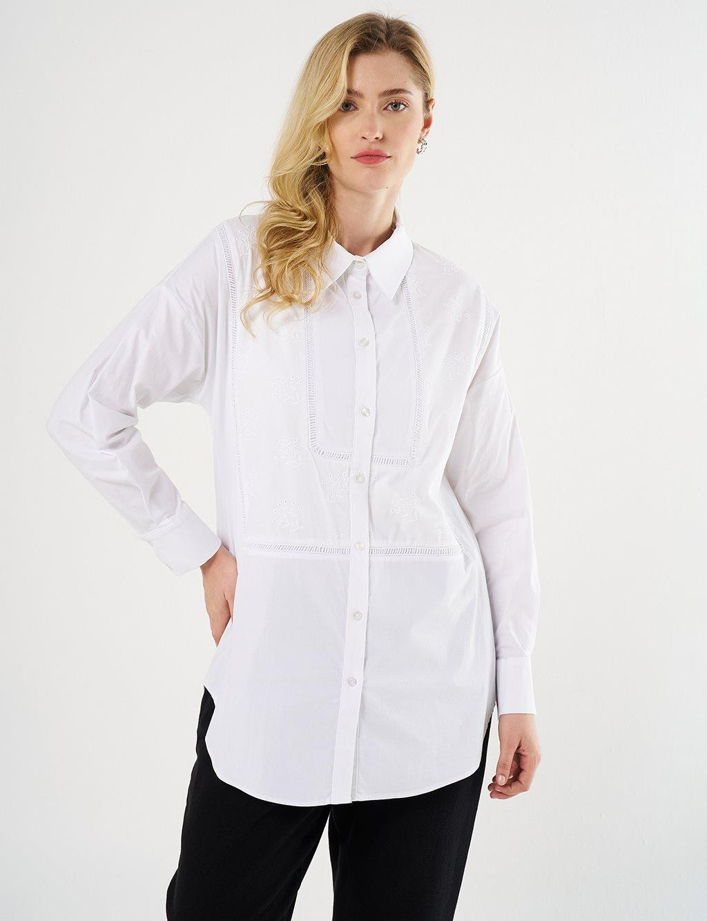 Kayra KA-B25-21042 Çiçek Brodeli Pamuklu Tunik - Ekru