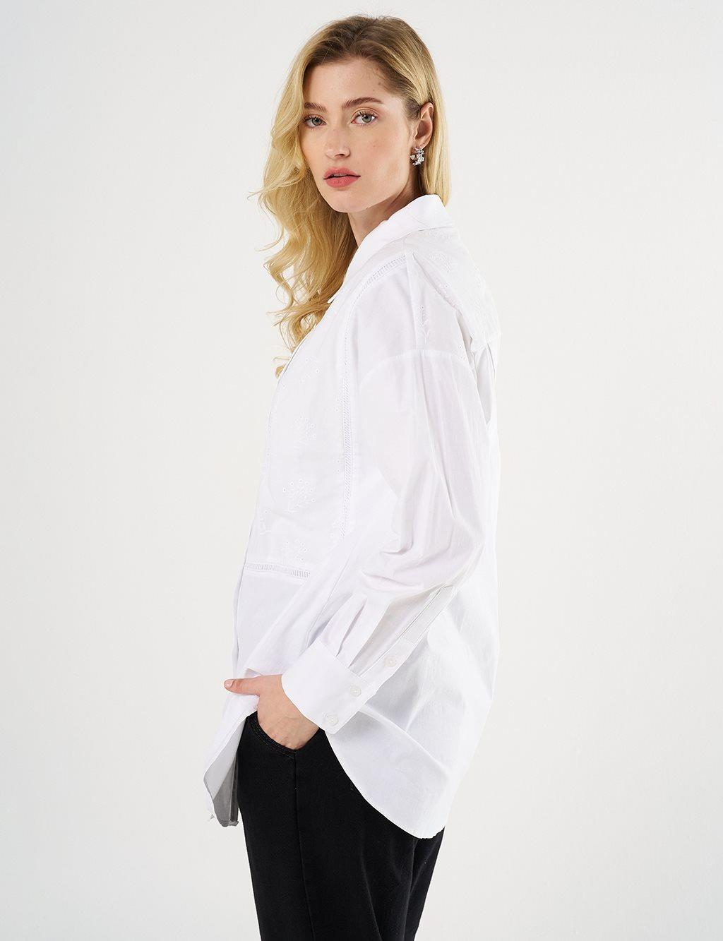 Kayra KA-B25-21042 Çiçek Brodeli Pamuklu Tunik - Ekru