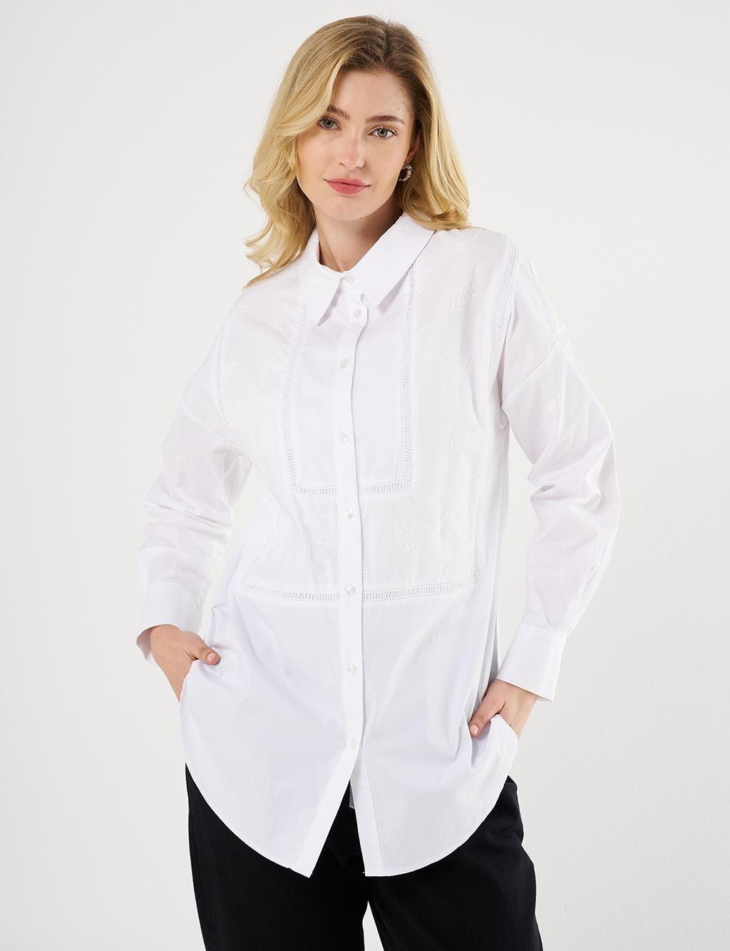 Kayra KA-B25-21042 Çiçek Brodeli Pamuklu Tunik - Ekru