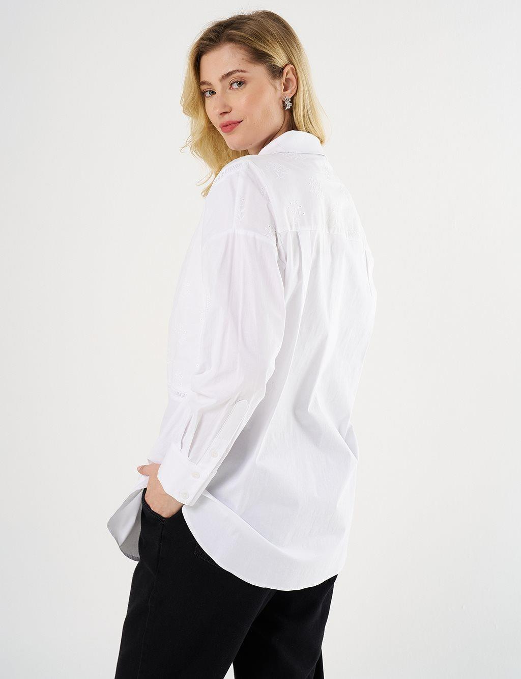Kayra KA-B25-21042 Çiçek Brodeli Pamuklu Tunik - Ekru