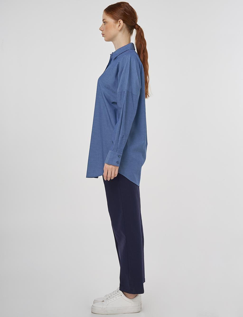 KAYRA KA-B25-21136 %100 Pamuklu Düşük Omuz Tunik - İndigo