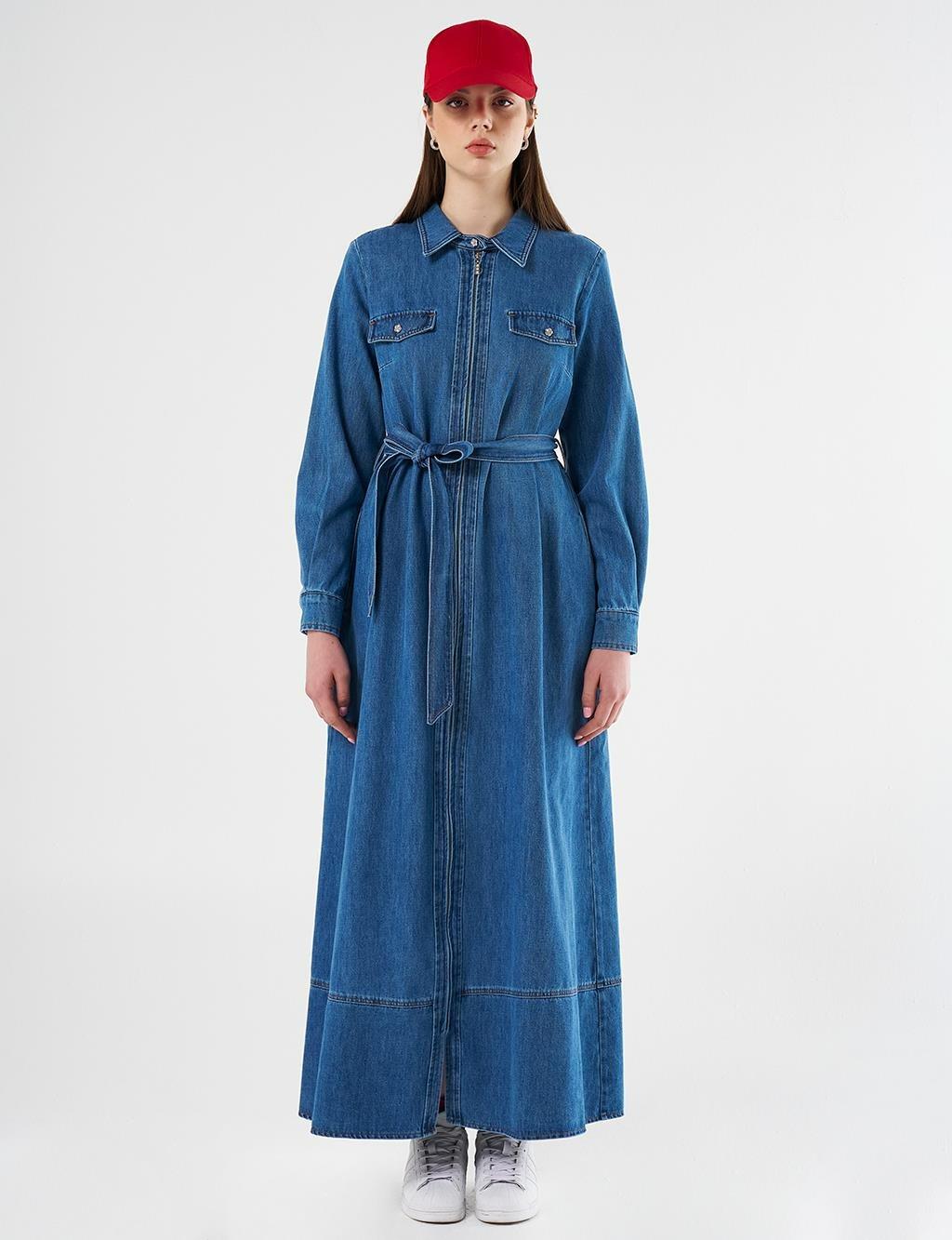 KAYRA KA-B25-23004 Kapak Cepli ve Kuşaklı Denim Elbise - indigo