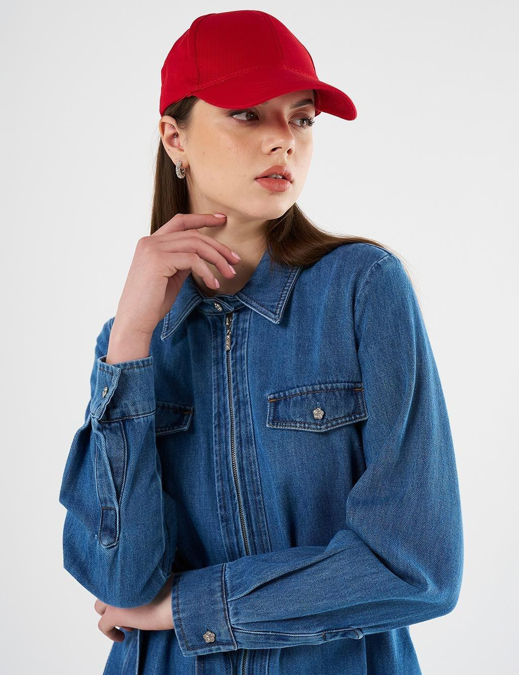 KAYRA KA-B25-23004 Kapak Cepli ve Kuşaklı Denim Elbise - indigo