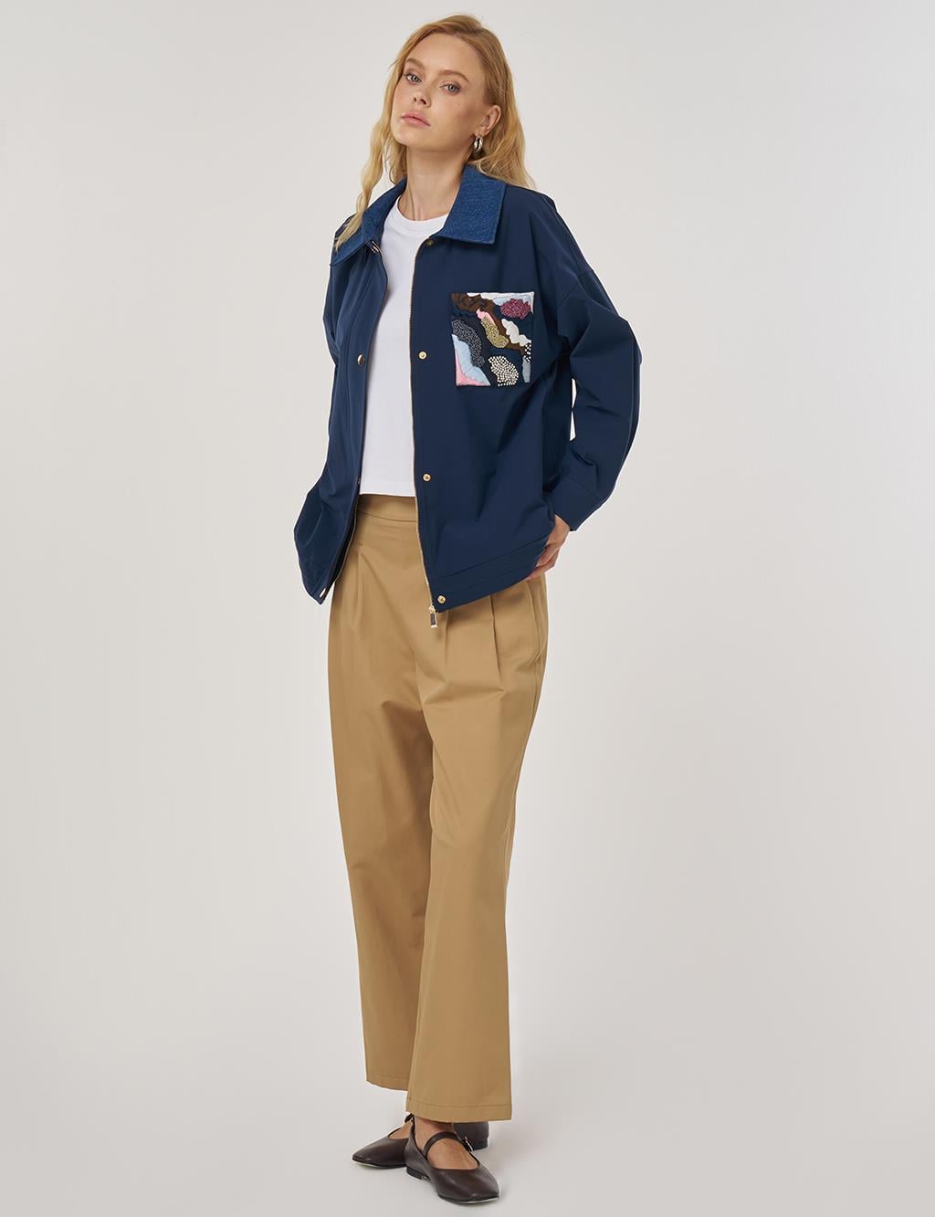 KAYRA KY-A25-73010 İşleme Detaylı Kısa Ceket - KOYU LACİVERT