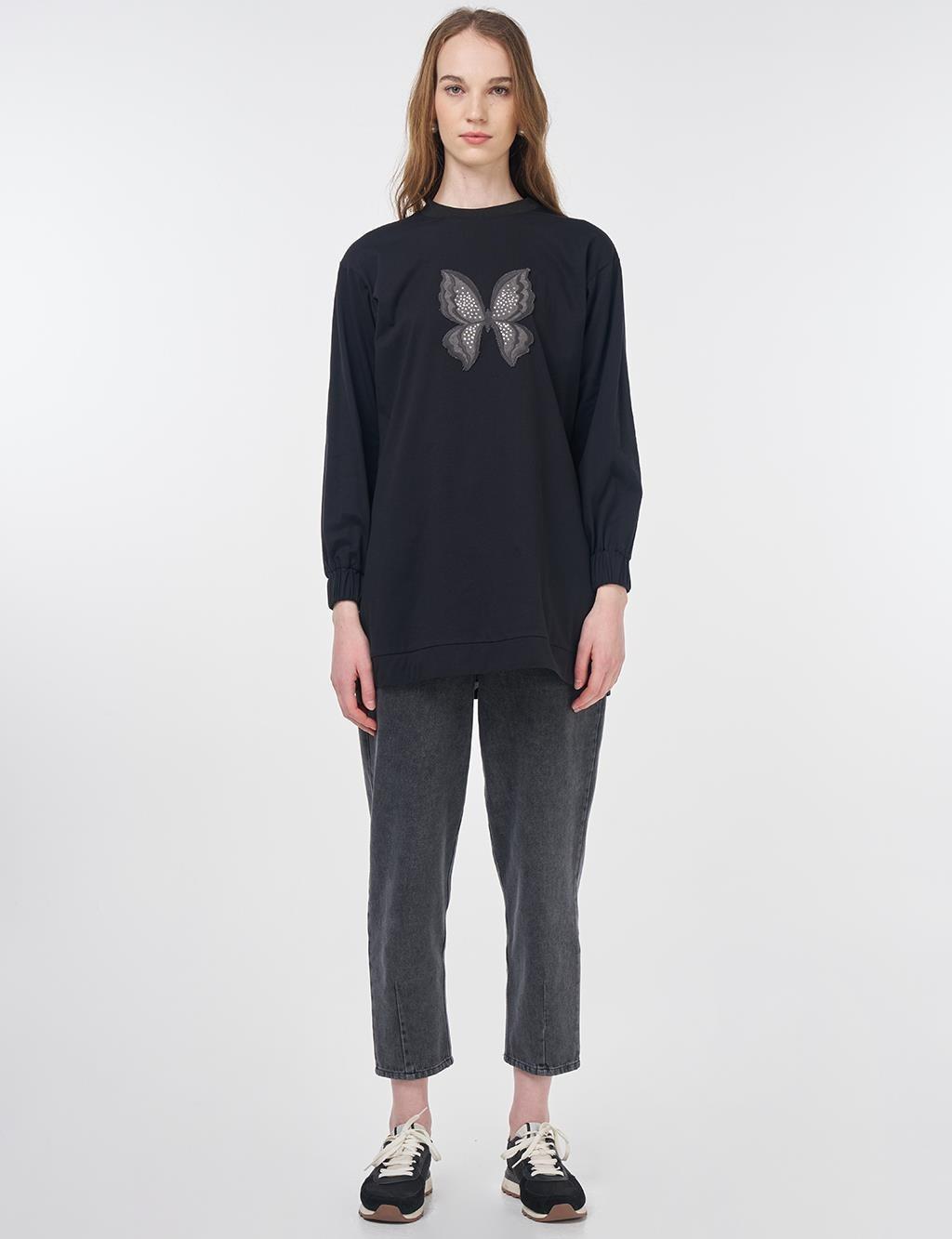Kayra KY-B25-70033 Kelebek Nakışlı Sweatshirt - Siyah