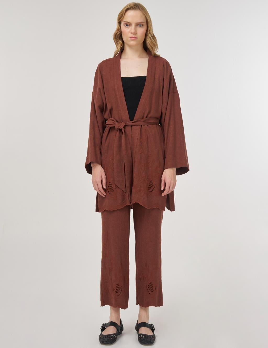 KAYRA KY-B25-76030 Nakış Aplikeli Keten Viskon Kimono Takım - Kahve