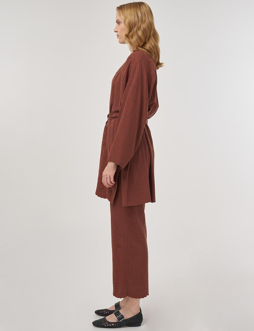 KAYRA KY-B25-76030 Nakış Aplikeli Keten Viskon Kimono Takım - Kahve
