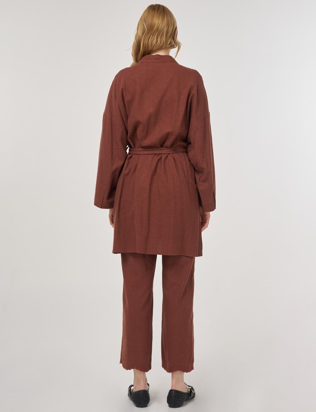 KAYRA KY-B25-76030 Nakış Aplikeli Keten Viskon Kimono Takım - Kahve
