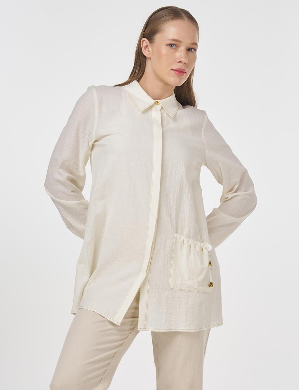 KAYRA KY-B25-81022 Tek Cepli Gofreli Tunik - Ekru