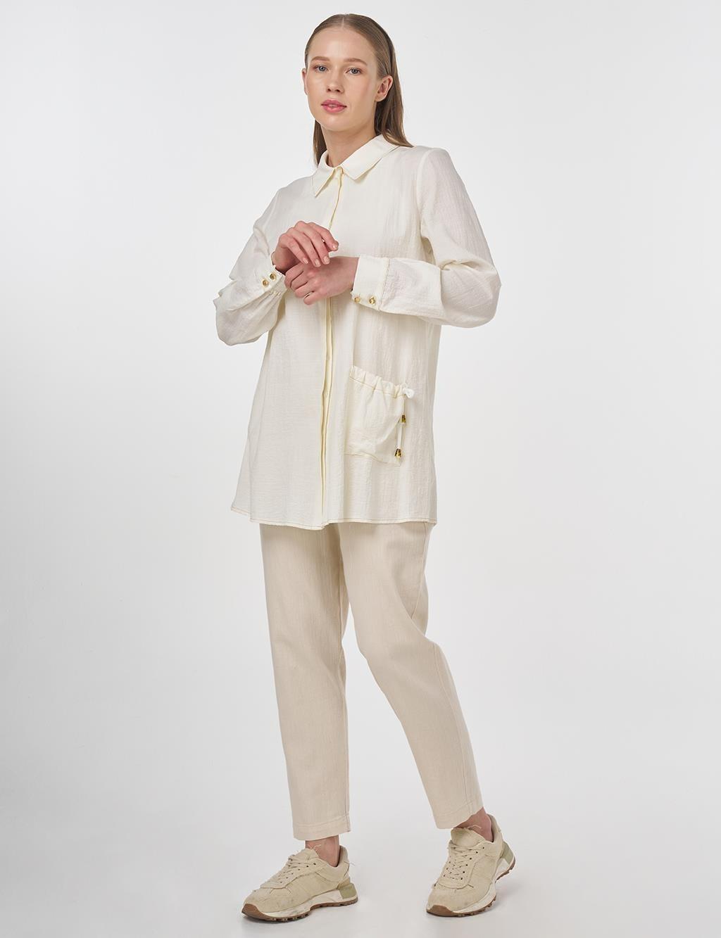 KAYRA KY-B25-81022 Tek Cepli Gofreli Tunik - Ekru
