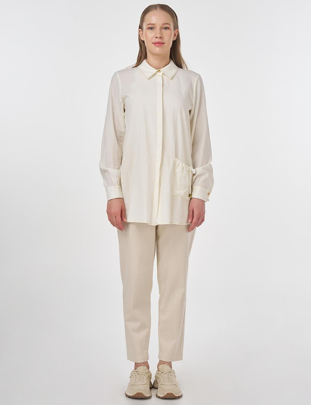 KAYRA KY-B25-81022 Tek Cepli Gofreli Tunik - Ekru