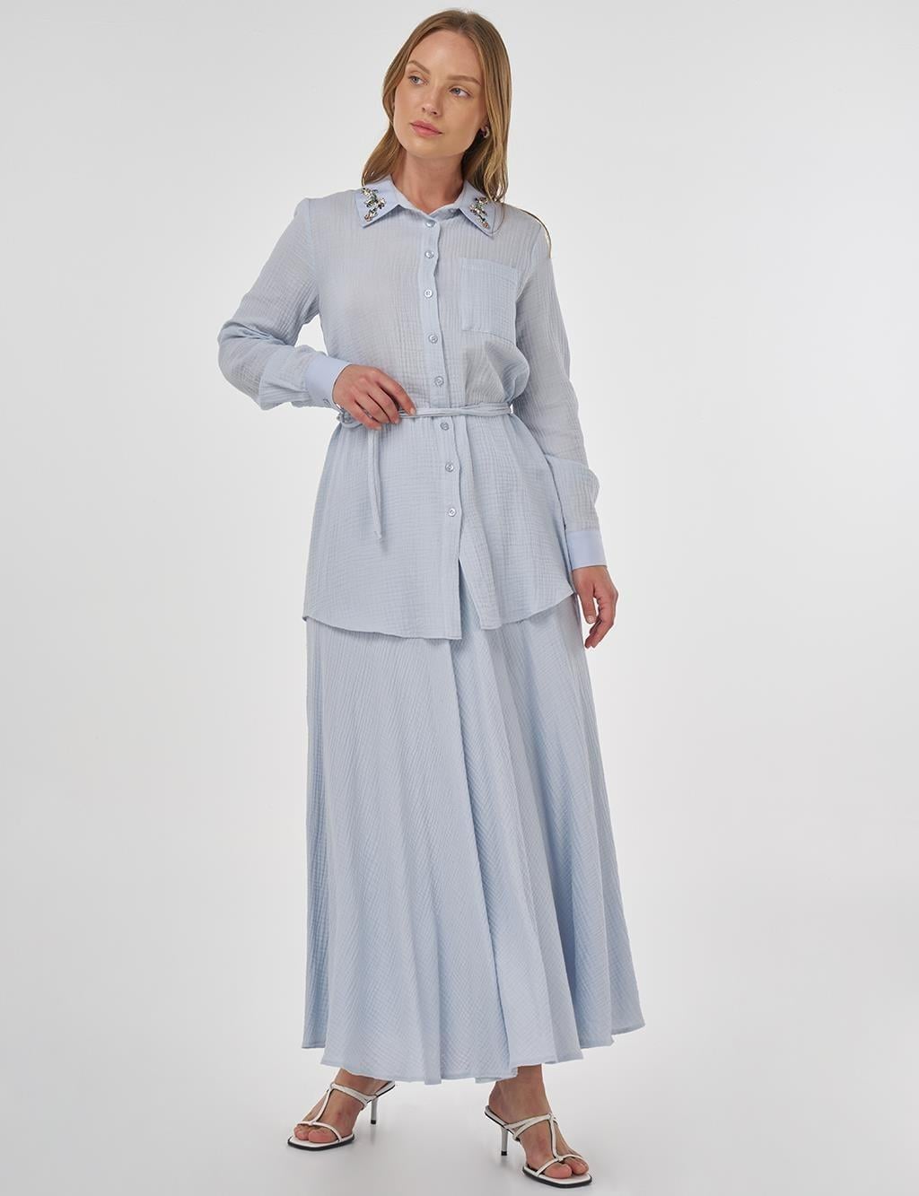 kayra KY-B25-81062 Yakası Taş İşlemeli Müslin Tunik - Mavi