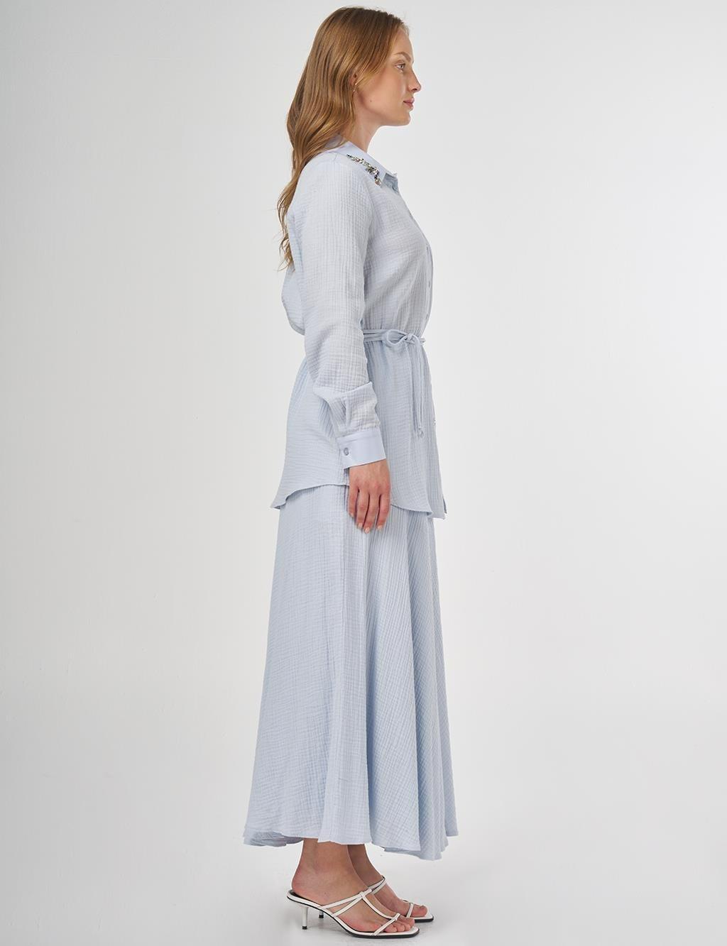 kayra KY-B25-81062 Yakası Taş İşlemeli Müslin Tunik - Mavi