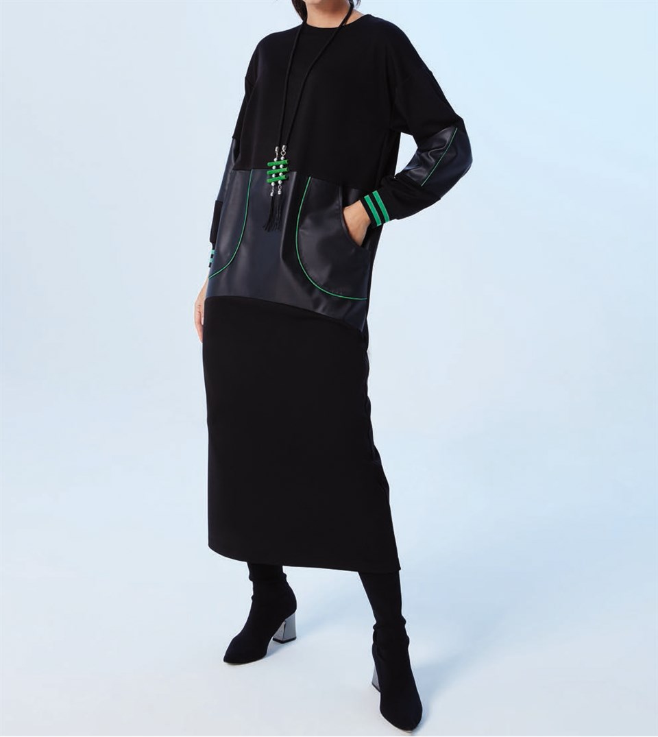 KB-RD20977 ELBİSE -SİYAH/YEŞİL