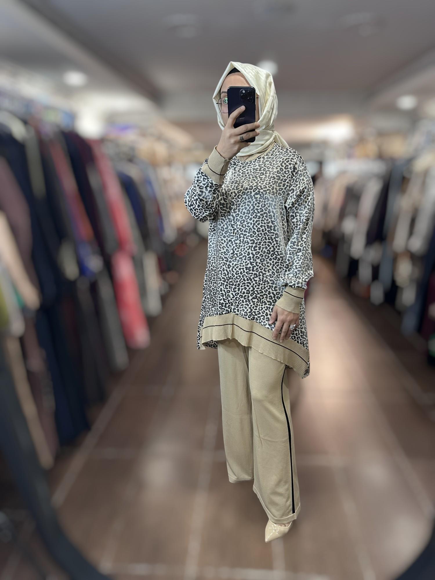 MERSERİZE RİBANALI TUNİK PANTOLON TAKIM Bej LUKAS DİJİTAL