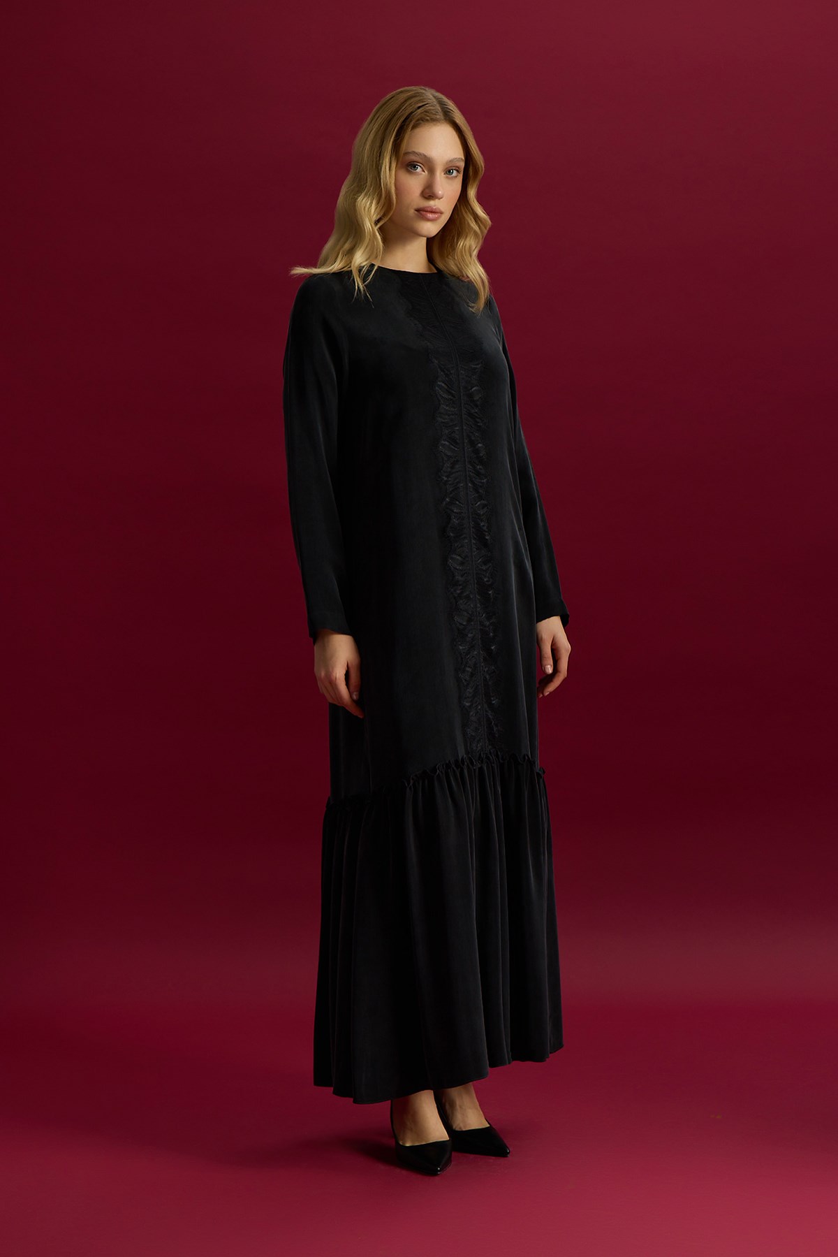 Miss Dailda T26Y-4027 Önü Dantelli Cupro Elbise - BLACK