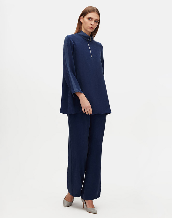 Miss Dalida T25Y-6068 Dik Yaka Fermuarlı Uzun Kol Tunik - Navy Blue
