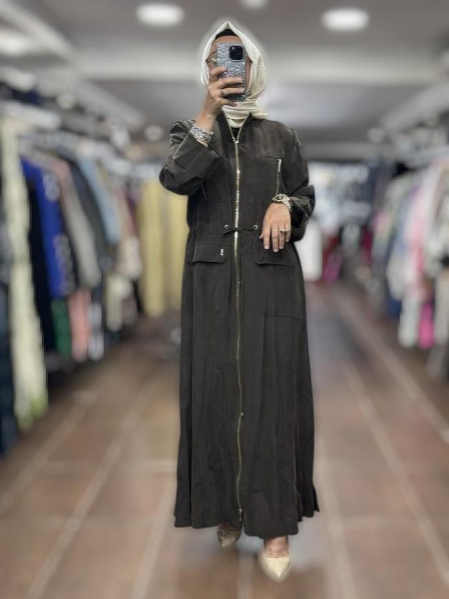 Miss Dalida T25Y-8013 Beli Büzgülü Cepli Cupro Kap - Kakao